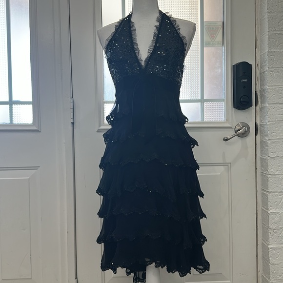 VINTAGE CACHE LUXE Black Silk Sequin Beaded Tier Ruffle Halter Cocktail Dress 4 - Picture 9 of 13